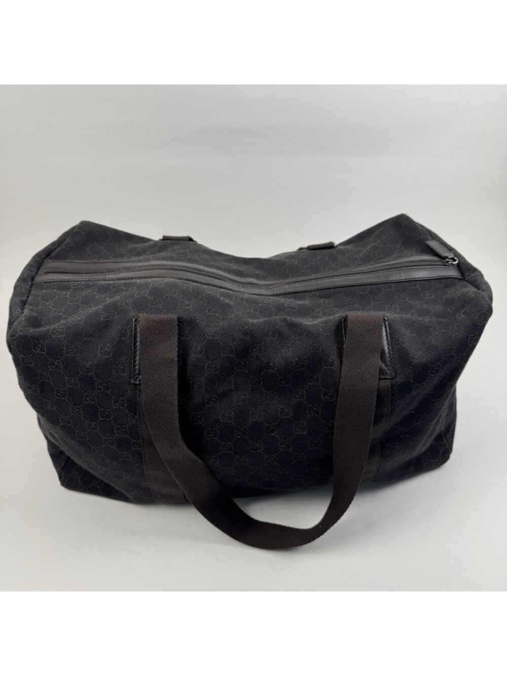 Gucci Black Canvas Brown Trim Duffle Weekend Travel Bag Medium GG Monogram Italy